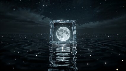 A moon inside a crystal cube on water under a starry night with reflections and dark clouds above