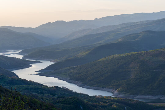 The Kozji Kamen viewpoint offers a beautiful view of Lake Zavojsko, the meanders of the Visocica River and mountain peaks. Serbia near Pirot. Panoramic view of Zavoj lake from viewpoint