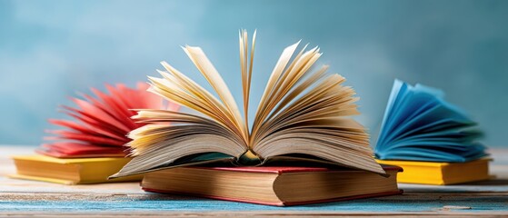 Naklejka premium The open book showcasing vibrant pages on a wooden table.
