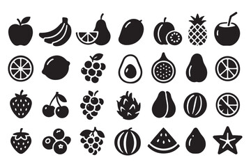 Collection of silhouetted fruits and berries on a white background
