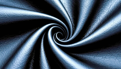 A close-up of glossy blue leather twisted into a spiral, with detailed texture, folds, and a reflective surface.
