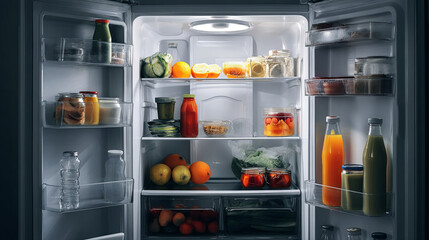 Open refrigerator filled with fresh fruits, vegetables, and beverages, showcasing organized shelves with jars and containers, highlighting healthy food choices and vibrant colors