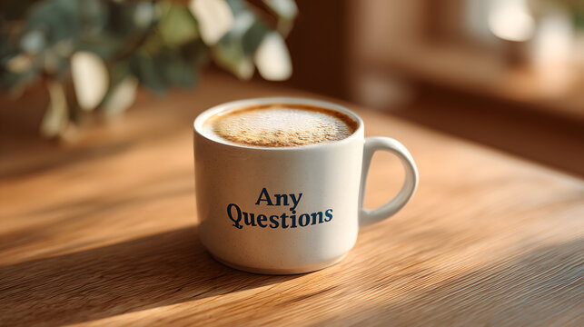 Any questions printed on coffee mug on wooden table near a green plant