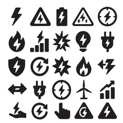 Collection of electrical energy and power icons representing electricity and renewable energy sources