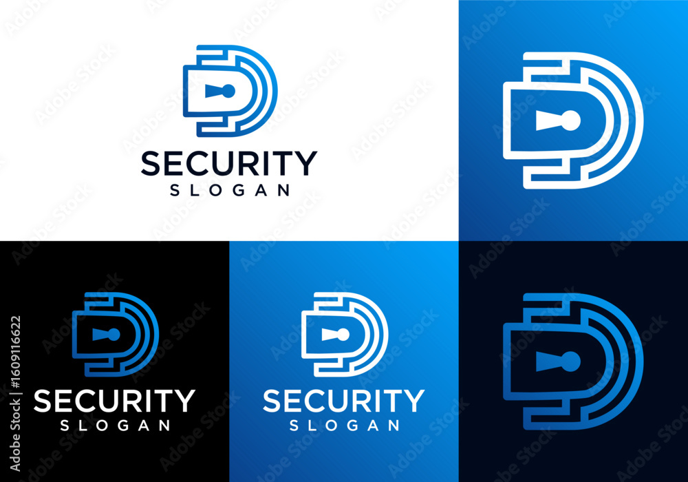 Poster vector logo icon initial letter d line art style with technology circuit and key