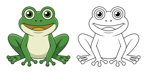 Obraz premium Frog Illustration: A cute green frog is sitting on the ground. It has a big smile and two eyes. It is very charming and cute and a coloring page next to it.