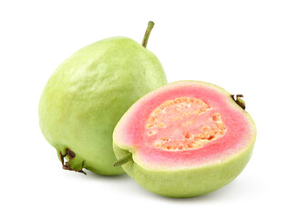 Red guava with half slice isolated on white.