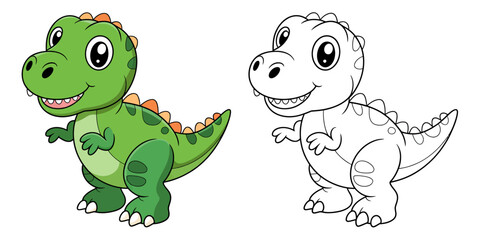Fototapeta premium Cute Dinosaur Illustration: Delightful cartoon of a friendly dinosaur, rendered in a vibrant color palette, inviting creativity through a black and white outline for coloring.