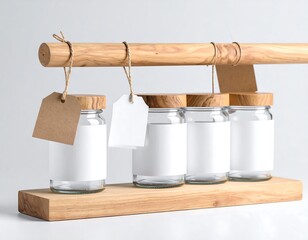 Wooden Stand with Clear Glass Jars and Tags
