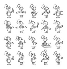 Girl guide character set showing how students use hand gestures, devices, emotions, and learning tools to communicate ideas clearly and confidently for yours designs projects
