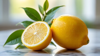 A fresh lemon and a half are displayed on a marble surface