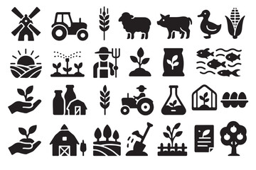 Collection of farm and agriculture icons representing crops livestock and rural life