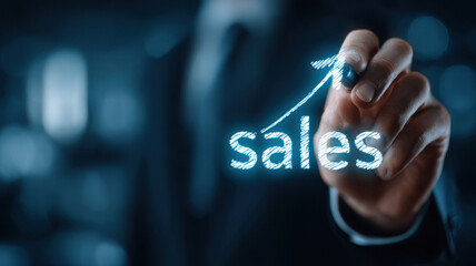 a businessman in suit drawing up word glowing sales