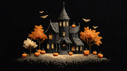 stitched silhouette of a haunted house with glowing windows
