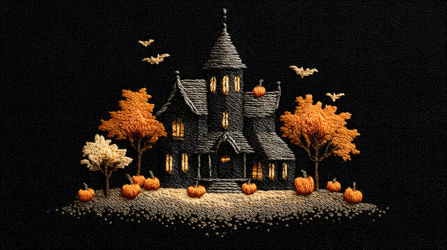 stitched silhouette of a haunted house with glowing windows
