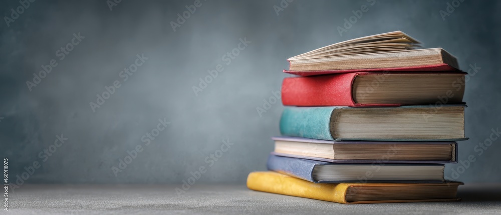 Poster the colorful stack of books inviting readers to explore diverse knowledge.