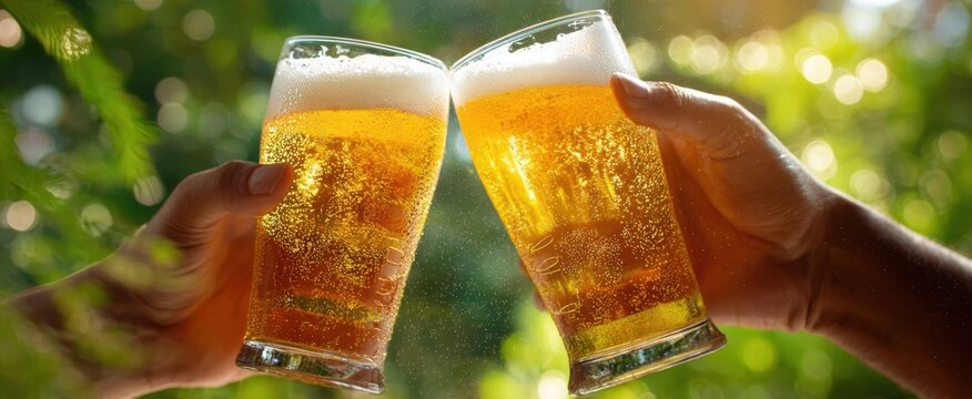 The clinking of two beer glasses in a sunny outdoor setting. - Powered by Adobe
