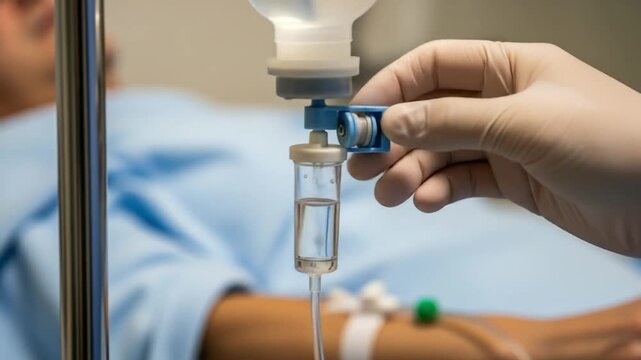 A gloved hand adjusts an IV drip for a patient receiving medical treatment in a hospital setting.