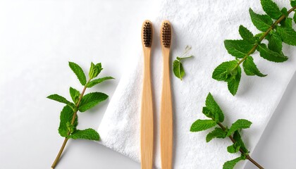 Wooden Toothbrushes with Fresh Mint on White Towel