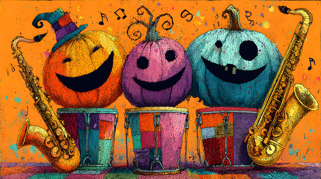 trio of grinning pumpkins forming a jazz band