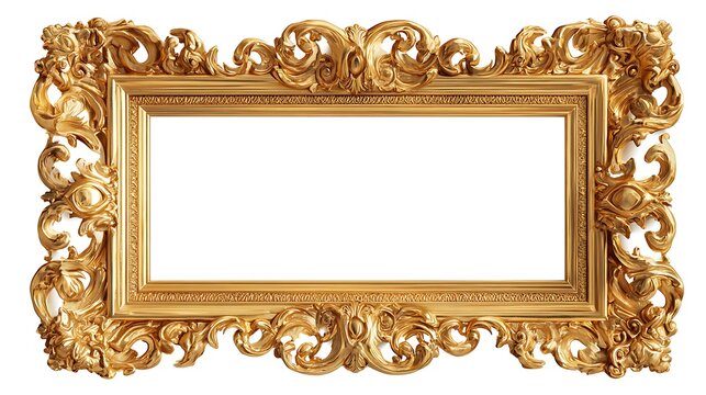 Baroque gold picture frame in ornate vintage style isolated on transparent background for design and decoration