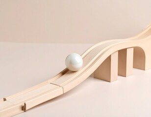 Wooden Toy Train Track With White Ball On Ramp