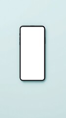 Photo of a modern smartphone with a blank white screen lies flat on a light blue surface