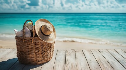 Beach bag filled with summer items on wooden boardwalk next to turquoise sea at luxury ocean resort