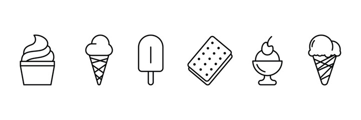 Set of liner Ice cream and dessert icon collection. Showcasing various frozen desserts including ice cream symbol.