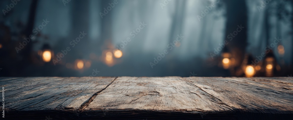 Poster the rustic wooden table with misty forest and glowing lanterns in the background.