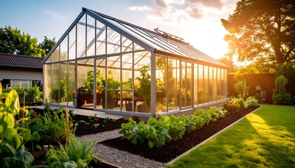 Fototapeta premium Greenhouse garden at sunset