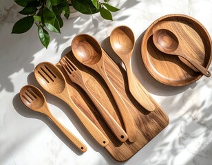 Wooden Utensil Set On Marble Surface