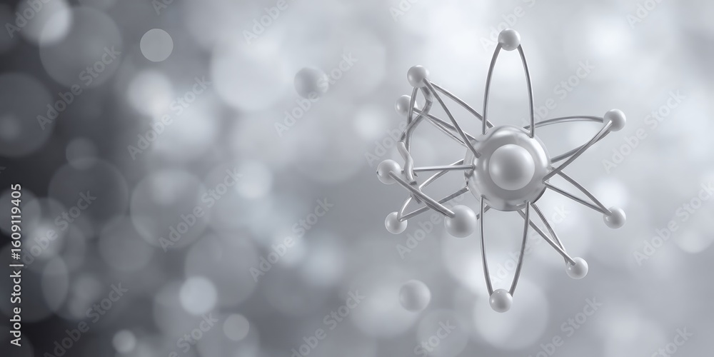 Poster metallic molecular structure with orbiting spheres against a bokeh background
