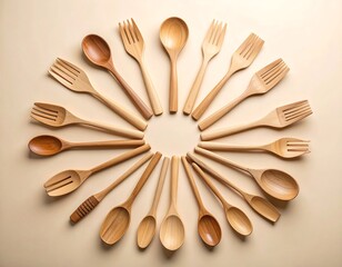 Wooden Utensils Arranged In Circle On Beige Background