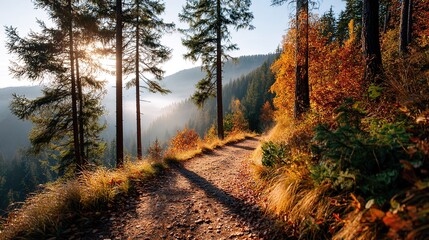 Sunlight streaming through tall pine trees along a forest path covered with autumn leaves. Tranquil, natural landscape, scenic nature background , hiking, travel, seasonal themes