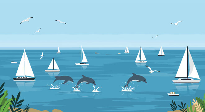 Ocean Sailing Adventure with Dolphins and Seagulls