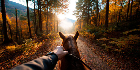 First person view of a rider riding a horse along a forest path surrounded by autumn leaves and morning sun. Travel and nature background, recreation, equestrian sport