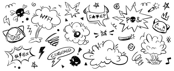 Crayon doodle speech bubbles with colorful chalk lines and abstract swear words. Angry expressions, rude symbols, curse shapes. Vector hand drawn conversation frames with bad, negative emotion © Foxelle