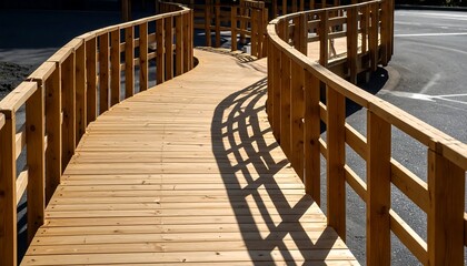 Wooden Walkway With Curved Path And Shadows