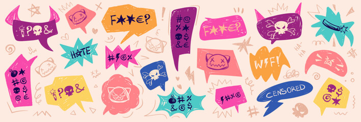 Crayon doodle speech bubbles with colorful chalk lines and abstract swear words. Angry expressions, rude symbols, curse shapes. Vector hand drawn conversation frames with bad, negative emotion