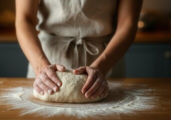 Baker kneading dough in a rustic kitchen
