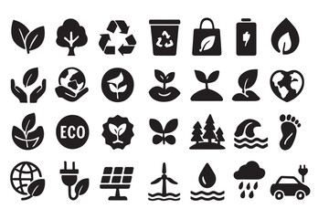 Collection of environmental and sustainability icons representing nature recycling and clean energy solutions