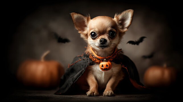 chihuahua with vampire cape and jack-o-lantern collar