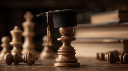 Graduation cap on a chess piece symbolizing strategy and education