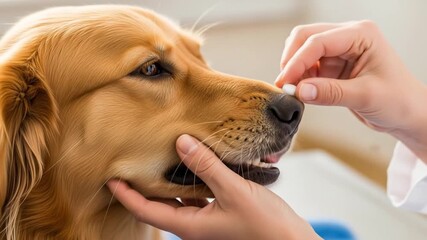 A veterinarian administering medication to a golden retriever dog, showing care and treatment.