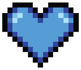 A retro pixel art heart icon in vibrant blue with a classic 8-bit video game aesthetic, perfect for digital design and gaming themes