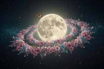 A full moon surrounded by a ring of pink and blue flowers with butterflies in a starry night sky