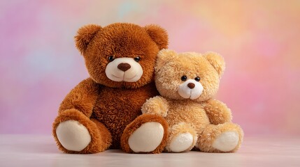 Obraz premium Big and small brown teddy bears sitting on soft pastel background high quality adorable plush toy pair