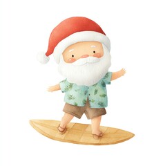 Jolly Santa enjoys a tropical Christmas surfing adventure on a sunny beach