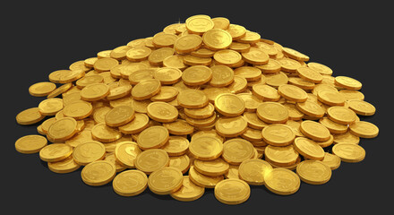 Cartoon illustration showing a large pile of gold coins on a dark background
